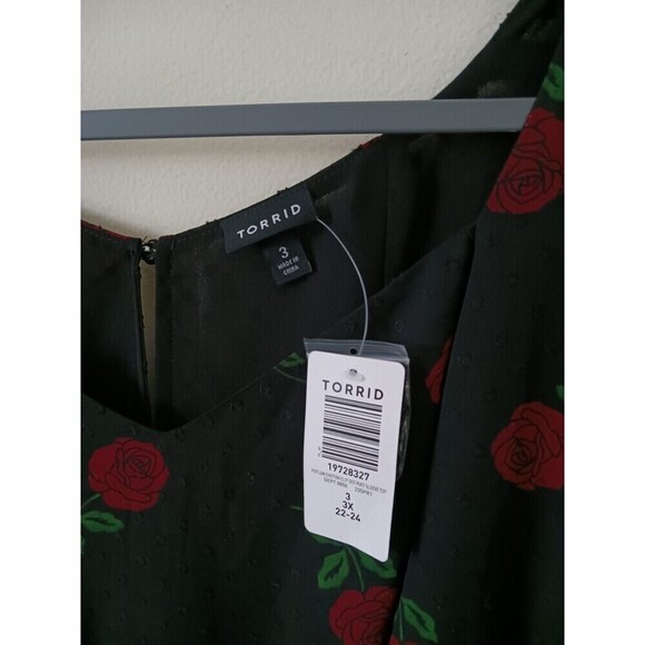 Torrid Blouse Top Roses Sheer Chiffon Dot Puff Sleeve Black/Red 3X - Picture 3 of 10